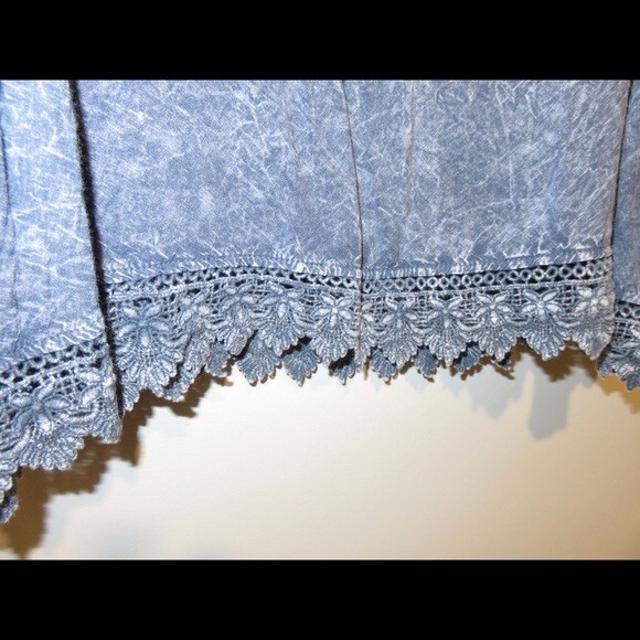 Altar’d State Top Light Blue Acid Stone Wash Crochet Hem Cold Shoulder Blouse - Picture 3 of 9